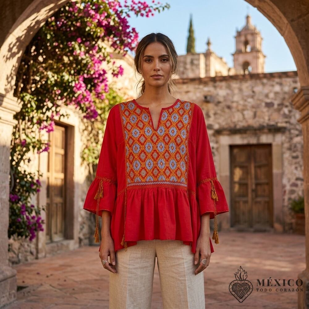 Mexican cotton Blouse – geometric  Embroidery, San Andres blouse  XS-M-L